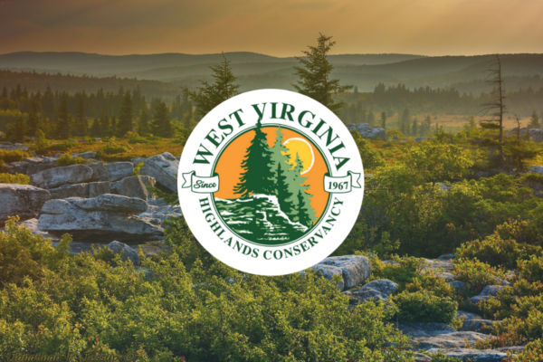 A Dolly Sods vista with the West Virginia Highlands Conservancy logo overlayed