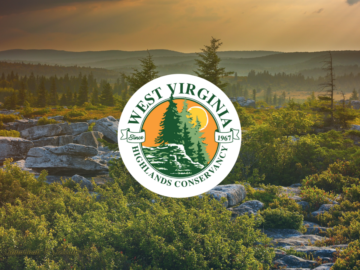 A Dolly Sods vista with the West Virginia Highlands Conservancy logo overlayed