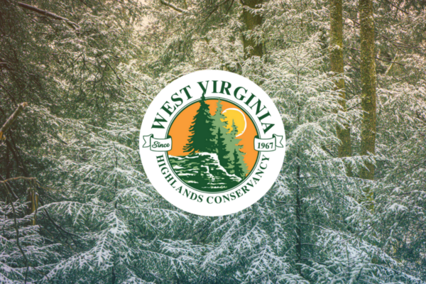 A white circle reads West Virginia Highlands Conservancy. Since 197. With Spruce trees and a sunset behind.