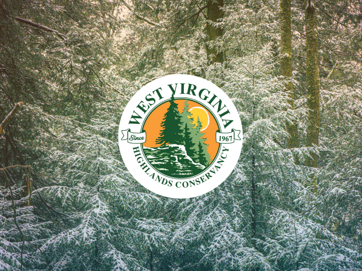 A white circle reads West Virginia Highlands Conservancy. Since 197. With Spruce trees and a sunset behind.