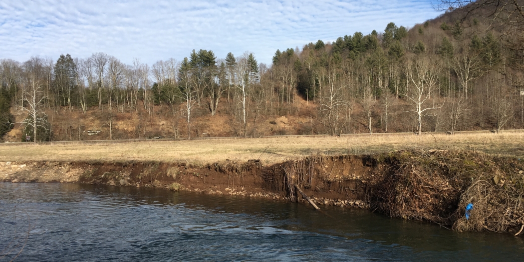 A stream bank in West Virginia showcasing heavy erosion